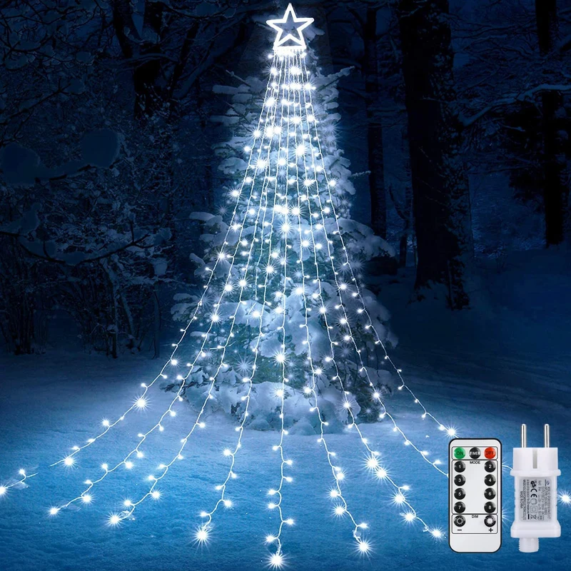 Geemoo Luci di Natale con Stella, 9*3M 317 LED Luci Natalizie da Esterno ed Internmo, 8 modalita, Telecomando, Luci Decorazione Natale per Albero, Finestra, Giardino, Terrazza (Bianco Caldo)