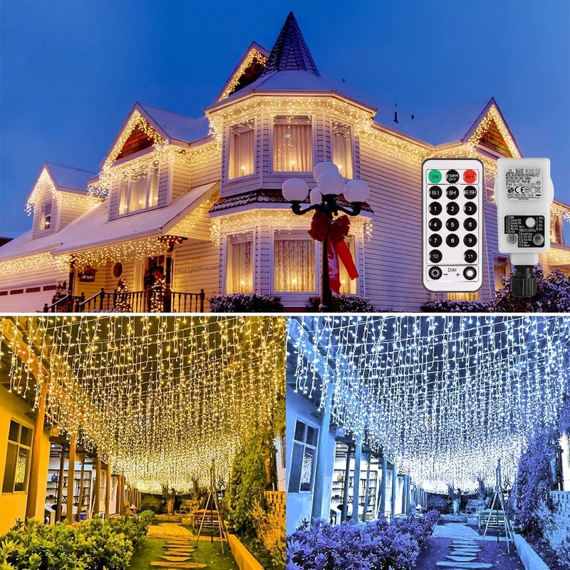 Luci Natale Esterno Cascata ECOWHO 440 LEDs Tenda Luminosa Bianco Caldo e Bianco Freddo,9x0,8m Luci di Natale 11 Modalità con telecomando, Catena Luminosa esterno per Natale patio Giardino Matrimonio