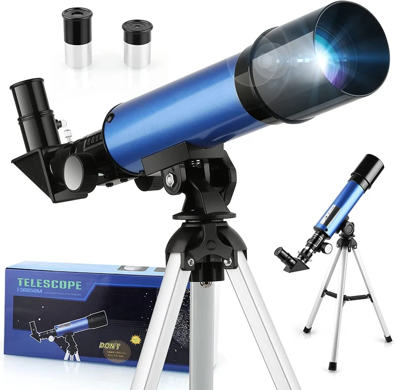 Telescopio Astronomico 50/360 mm Telescopio per Bambini Ingrandimenti 18x e 60x, Treppiede Portatile in Alluminio (36cm), Guarda la Luna, Regali di Compleanno, Regali di Natale per Bambini