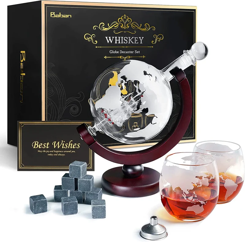 Baban Whisky Decanter Set, Decanter per Vino, Design del Globo, con 2 Vino Tazze, 9 Pietra di Vino Ghiaccio, Filtro, Carta Regalo - Regali da papà