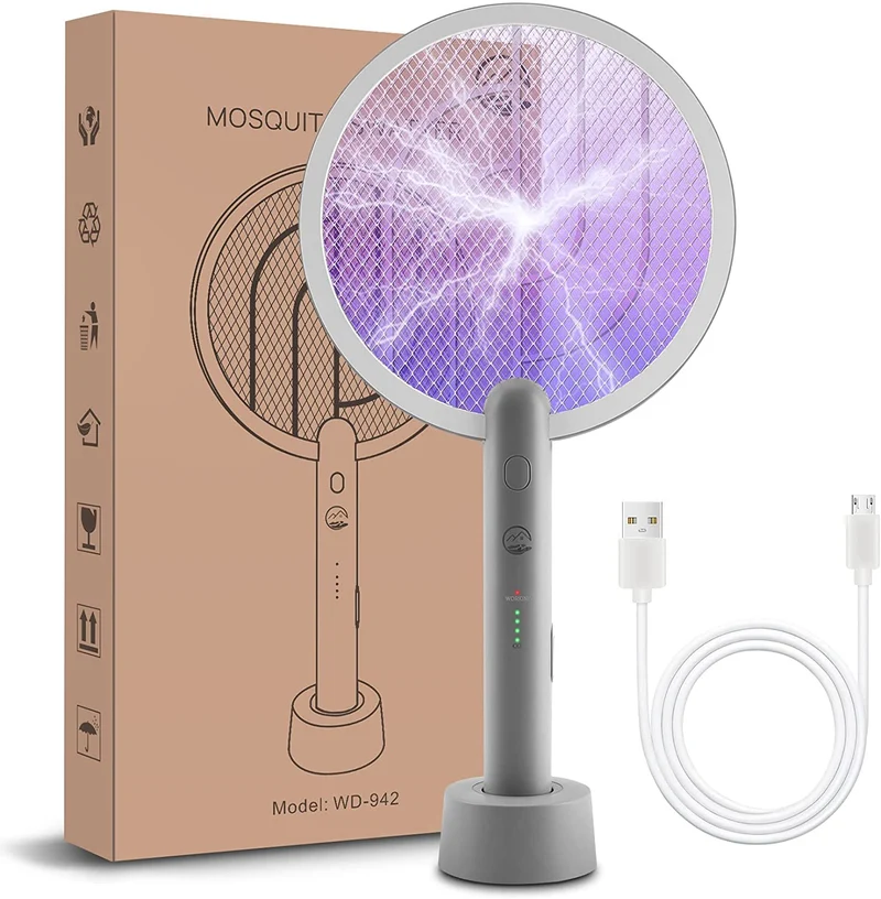 Racchetta Zanzare Elettrica, Mosiller 2 in 1 Scacciamosche Elettrico E 3000V Scacciamosche Da con USB Base Di Ricarica, Insetti Scacciamosche Portatile e Lampada UV per Casa, Cucina, Interni E Esterni