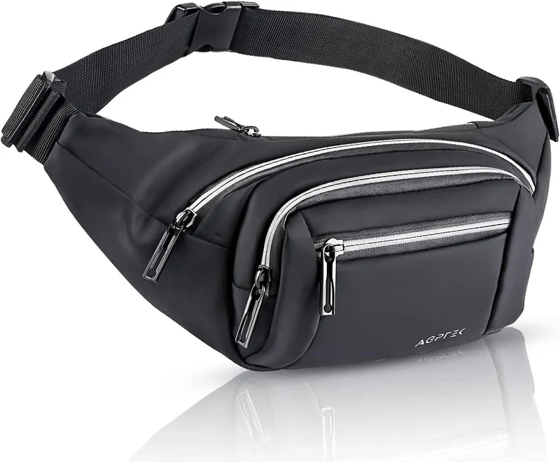 AGPTEK Marsupio Sportivo Impermeabile con Striscia Riflettente con Cerniera Marsupio Running Uomo Donna con 5 Tasche Adatto Cintura Regolabile per Esterni Allenamento Passeggiate Viaggi