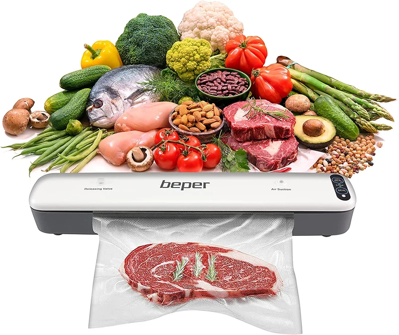 BEPER P102CON001 Macchina sottovuoto,Sigillatore Sottovuoto con 5 Sacchetti Sottovuoto, ABS, Duplice Funzionamento, Nastro Sigillante da 30 cm, Bianco/Grigio