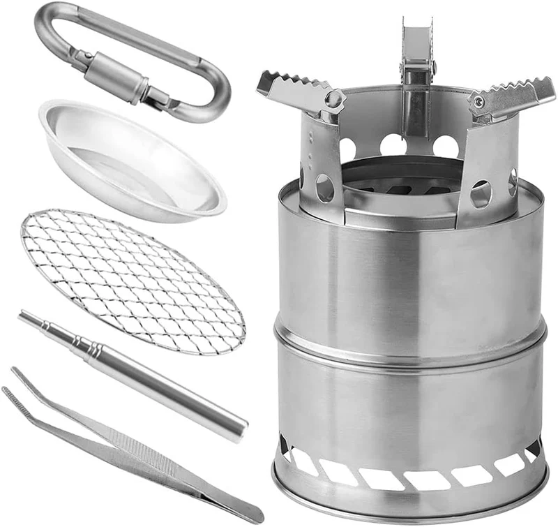 Jooheli Portatile Stufa a Legna, Fornello da Campeggio, Acciaio Inossidabile Fornelli Stufa con BBQ griglia Rete per Campeggio Picnic Esterni Barbecue Escursioni