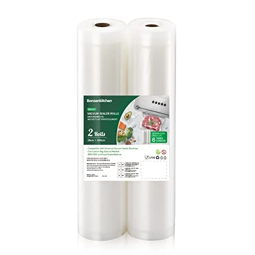 Bonsenkitchen Sacchetti per Sottovuoto, 2 rotoli 28 x 600 cm (totale 12 m) Sacchi commerciali per conservazione alimenti e cottura Sous Vide