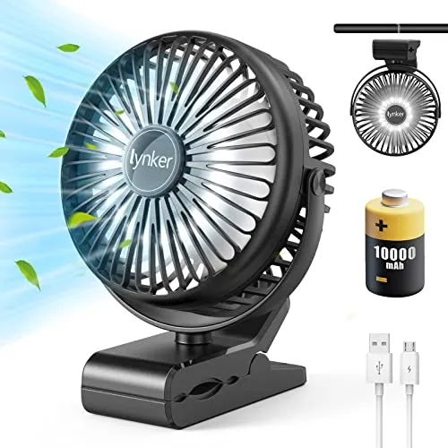 Mini Ventilatore USB Portatile con Clip 10000 mAh, 3 in 1 Ventilatore Versatile con Luce a LED, 12-40 ore, Ricaricabile Ventilatore da Tavolo Silenzioso, Rotazione di 360°, per Ufficio, Auto, Viaggio