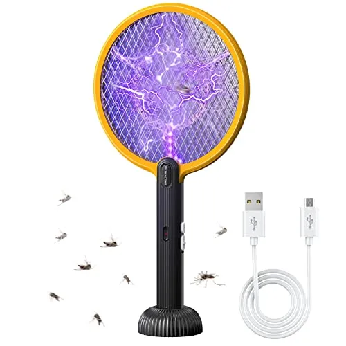 TMACTIME Racchetta Zanzare Elettrica 2-in-1, 1500 mAh 4000V Racchetta Antizanzare, USB Lampada UV con Base, Protezione Maglia a 3 Strati, Adatto per Casa, Giardino, Interni ed Esterni