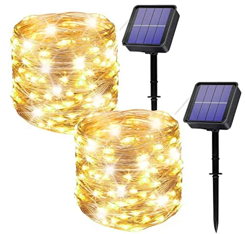 owwasd [2 pezzi Catena luminosa solare per esterni, 14 m, 120 LED, per esterni, resistente alle intemperie, per balcone, alberi, terrazze, matrimoni, feste, giardino (Bianco caldo)