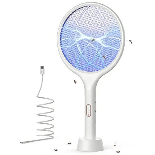 YISSVIC Racchetta Zanzare Elettrica 4000V con USB Ricaricabile e LED 2 in 1, 1500mAh Protezione Maglia a 3 Strati Adatto per Casa Giardino Campeggio Interni ed Esterni, Bianco