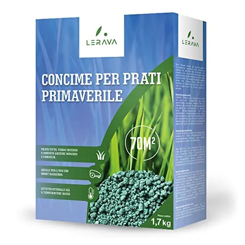 LERAVA PRIMAVERA concime prato primavera - prato fitto, verde intenso e robusto anziche muschio ed erbacce - Ideale per l'uso di robot rasaerba - 70m²