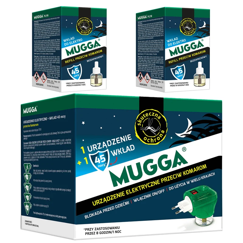 Dispositivo elettrico con Mugga 45 ricarica zanzare notturna 35ml + 2x Mugga 45 ricarica liquido zanzare notturna 35ml