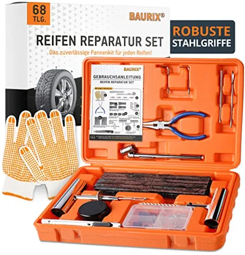 BAURIX® Premium Kit Riparazione Pneumatici Auto [68 Pezzi] - Kit Riparazione Pneumatici Moto - Kit ripara gomme Auto Senza Dover Cambiare Gli Pneumatici - Kit per Riparazione Pneumatici tubeless