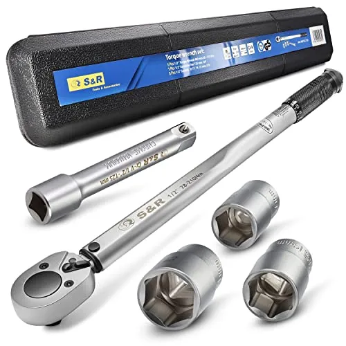 S&R Chiave Dinamometrica 1/2 ' 47.5 cm (28-210 Nm) Professionale Auto Moto con Prolunga 12.5 cm + 3 Bussole (17, 19, 21 mm). Chiave Professionale a Cricchetto Reversibile