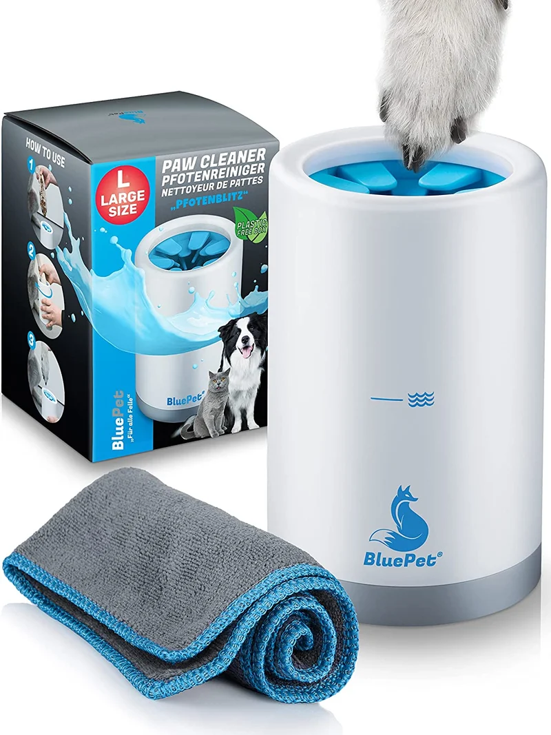 BluePet® Detergente per Zampe per Cani | Rimuove Sporco e sporcizia dalle Zampe del Cane | incl. Asciugamano in Microfibra (per Grandi Zampe)
