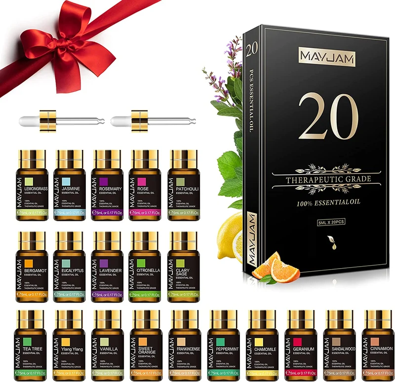 MAYJAM Set di Oli Essenziali 20 Pezzi, 100% Puro Gelsomino Lavanda Eucalipto Vaniglia Mastice Menta Legno di sandalo Ylang Rosa Bergamotto Tea Tree Cannella Geranio Patchouli Citronella e Altro
