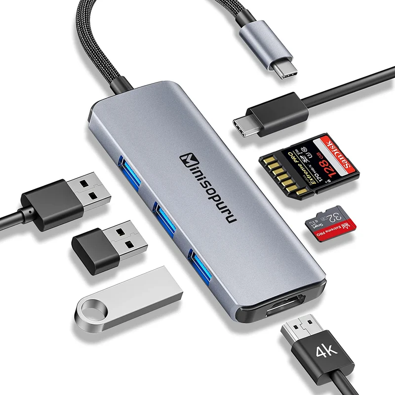 Adattatore HDMI con hub USB C 7 in 1, da tipo C a hub HDMI con HDMI 4K, porta di ricarica USB 3.0, 100 W, SD/TF, superficie, iPad e altri dispositivi di tipo C (grigio argento)