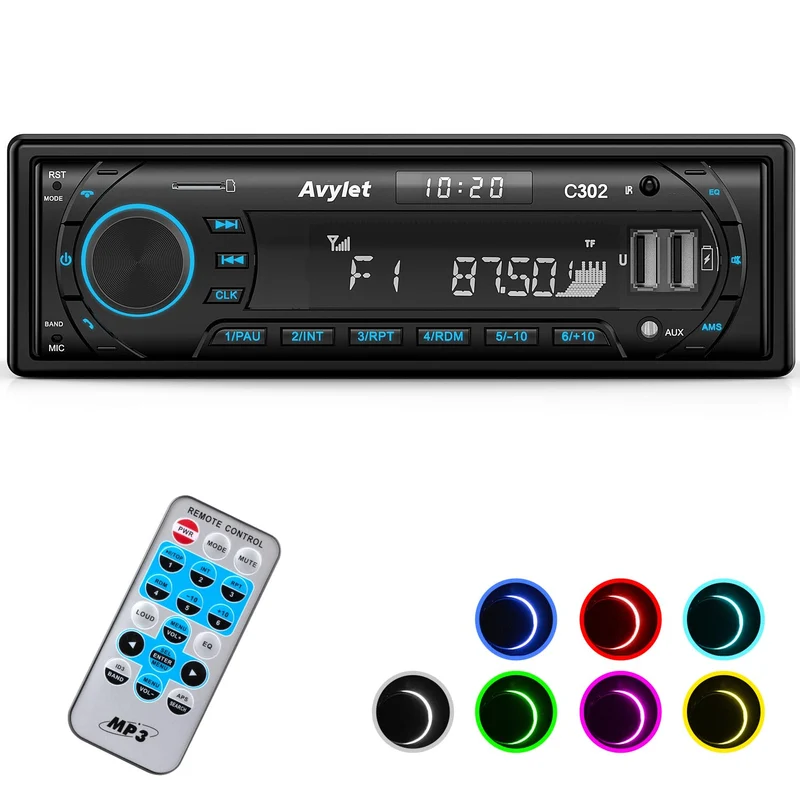 Avylet Autoradio Bluetooth 5.0 Vivavoce FM/AM, Avylet Radio Stereo 1 DIN, Supporta Basso Profondo/Luce a 7 colori/Chiamata a mani libere/AUX-IN/CARD/Chiavetta USB,Telecomando, 60W X 4, Ricarica rapida