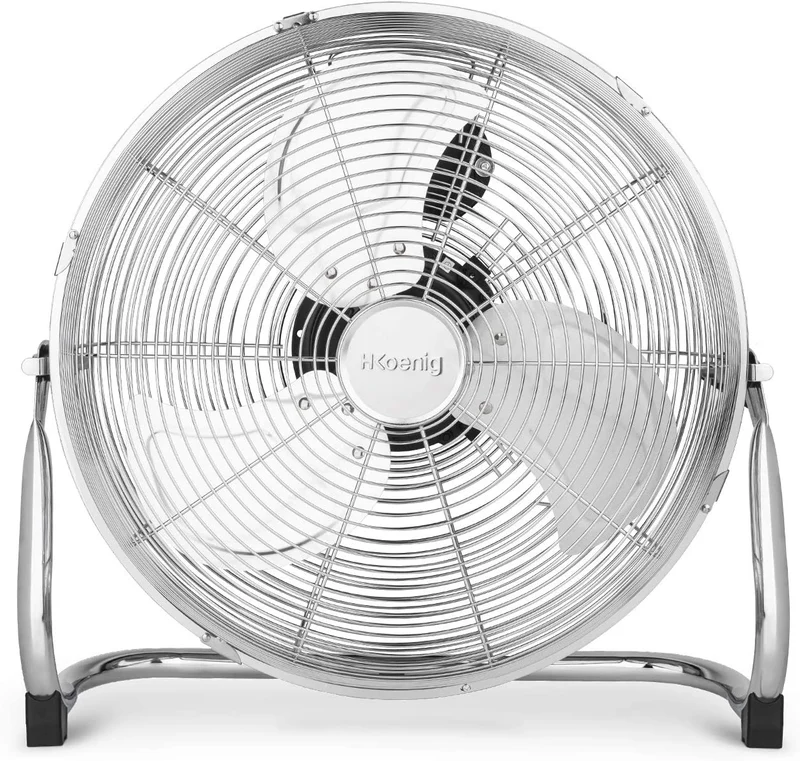 H.Koenig JOE30 Ventilatore Da Terra,Silenzioso,Design in Metallo Cromato,40 cm,Resistente,3 Velocità,Testa Inclinabile,100W