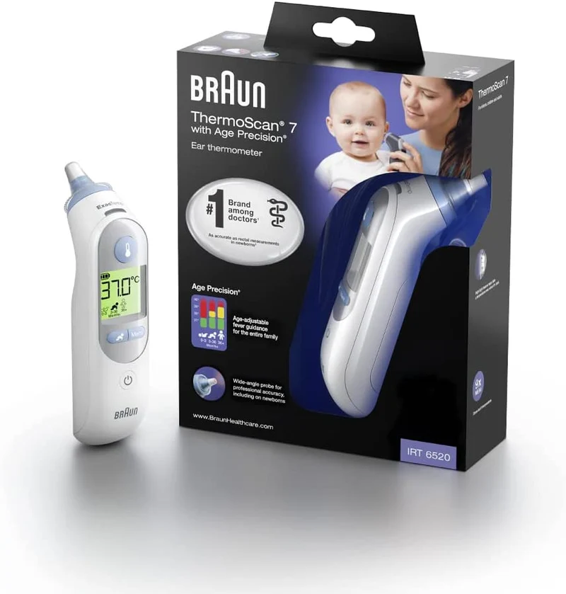 Braun IRT6520 ThermoScan 7 Age Precision – Termometro Auricolare a Infrarossi, 0 mesi +, 21 coprilenti, Display con codice colore, Bianco