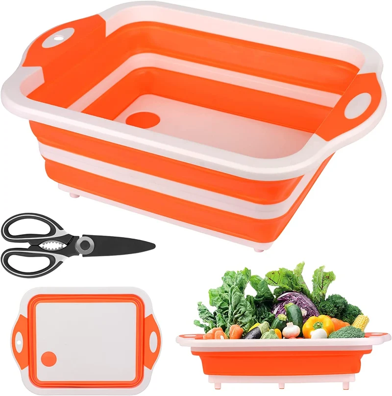Gintan 3 in 1 Tagliere,Multifunzion Tagliere Pieghevole Tagliere da Cucina Lavello Pieghevole Cestello di Scarico con Multifunzione Forbici Cestino Portaoggetti per Cucina Viaggi Campeggio（Verde）