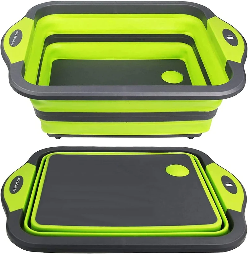 Tagliere pieghevole – Tagliere multifunzionale, scolapiatti e lavabo, scolapiatti e scolapiatti da cucina con forbici, cestino portatile per campeggio, picnic, barbecue (verde)