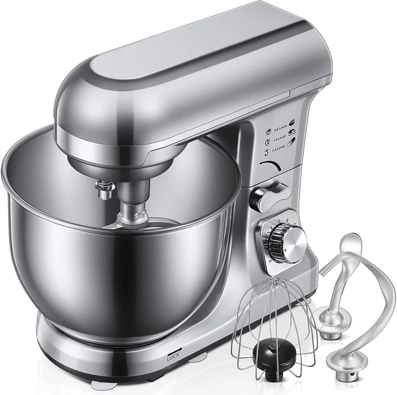 Impastatrice Planetaria con Doppia Gancio Impastatore, Robot da Cucina Multifunzione, Ciotola 1000W 5L Sistema Planetario a 6 Velocità Impastatrice, Gancio per Impastare, Frusta, Frusta Piatta,argento