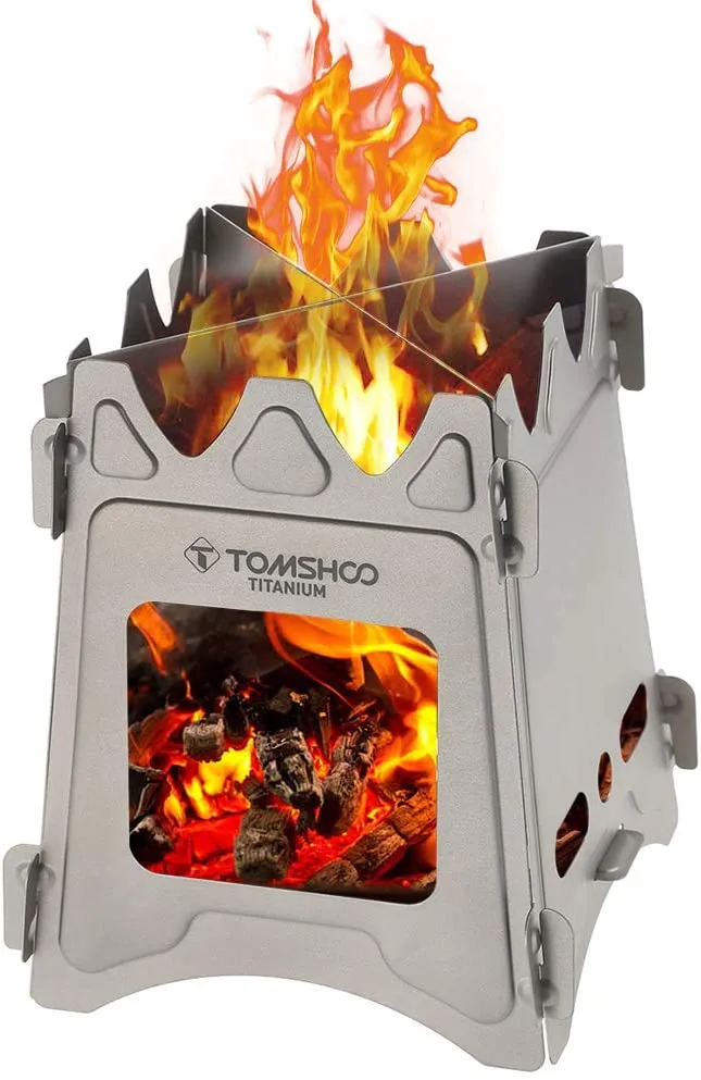 TOMSHOO Stufa a Legna Portatile Fornello da Campeggio, Carburatore a Legna, Pieghevole e Antivento, Compatto in Acciaio Inox o Titanio Alcool per Esterni, Campeggio, Picnic, Barbecue, ECC