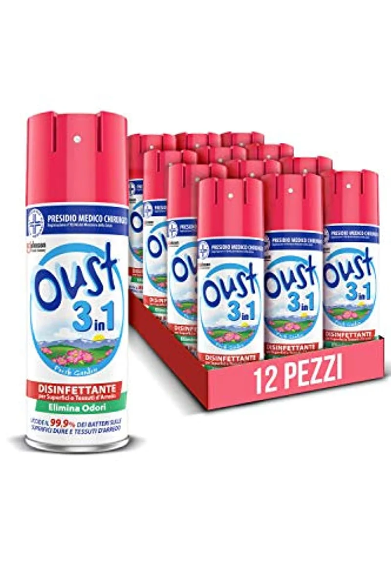 Oust 3 in 1 Spray Disinfettante 400 ml, Fragranza Fresh Garden, per Superfici e Tessuti, Uccide il 99,9% dei Batteri, 12 unità da 400 ml