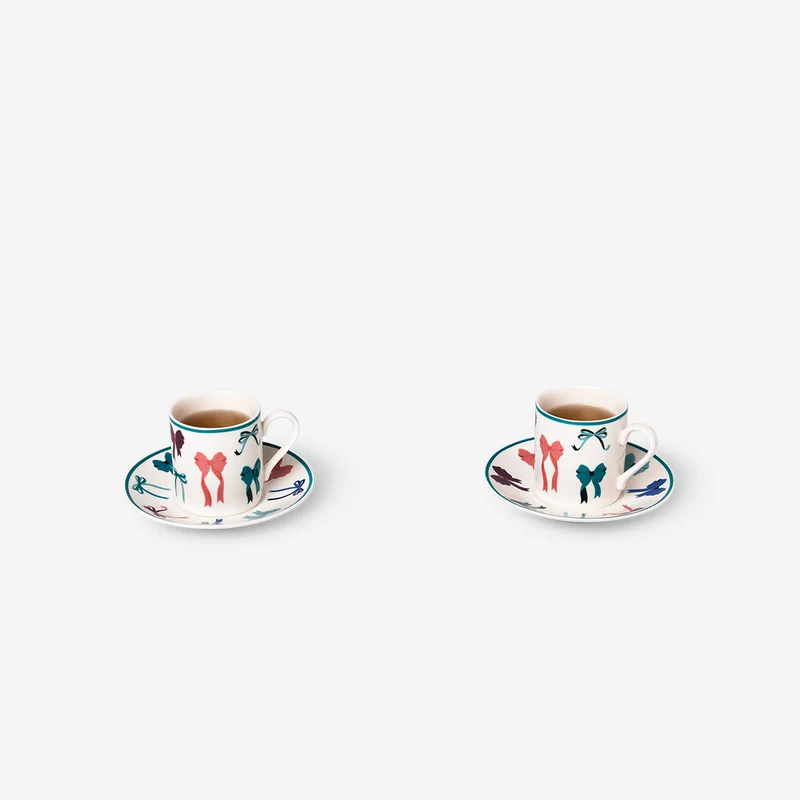 Espresso mugs with saucers and bow print - 4 pcs