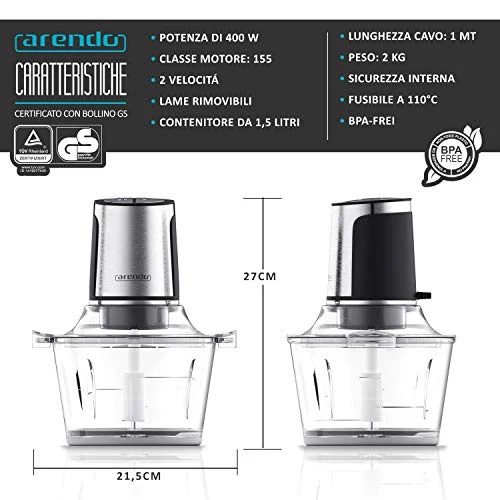 Arendo - Trituratore universale in VETRO da 1,5 L - 400 Watt - 4 lame in...