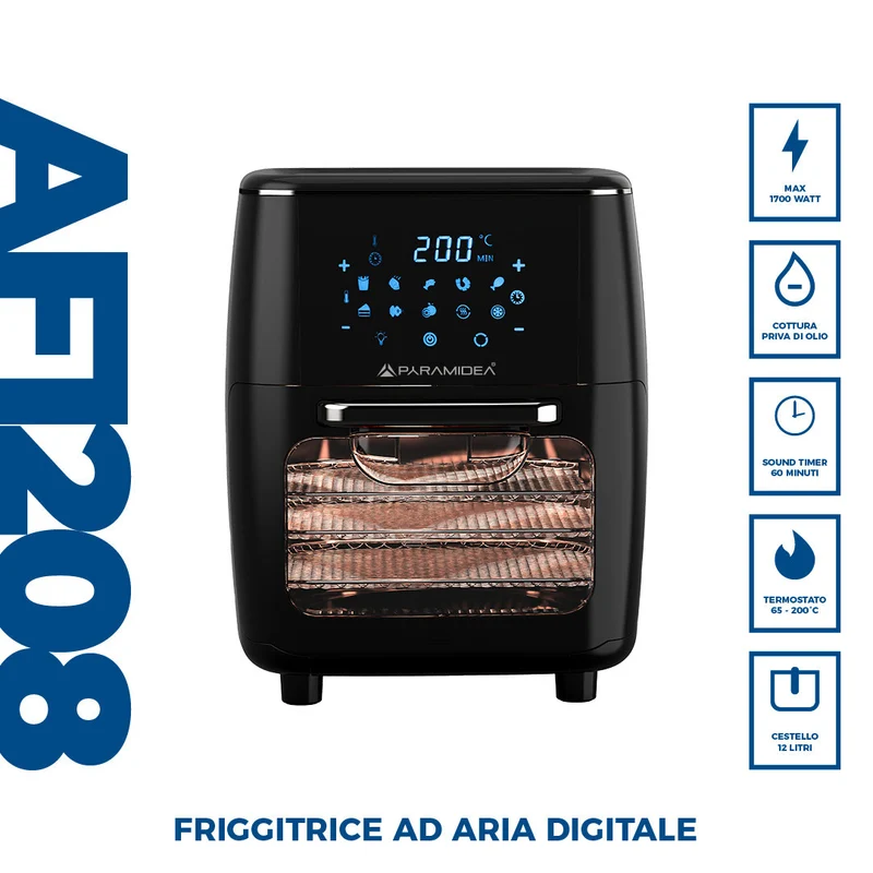 PYRAMIDEA Friggitrice Ad Aria Display Digitale 12 litri ricettario Errico Porzio incluso