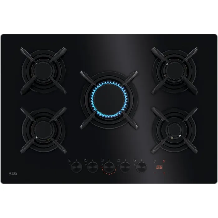 Piano cottura Aeg HKB75453NB 8000 FLAMELIGHT Piano cottura a gas 75 cm Gas on Glass, 5 zone, FlameLight e Hob2Hood, vetro nero