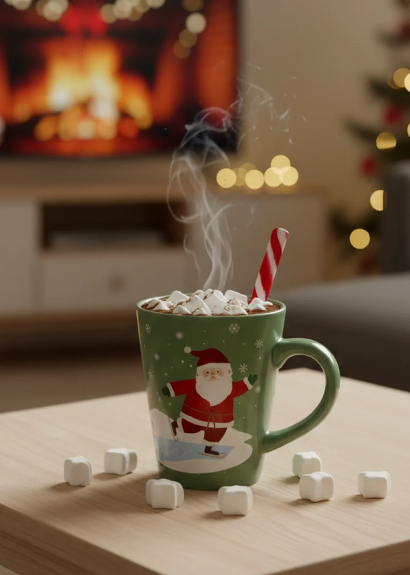 Mug with hot chocolate and candy cane spoon