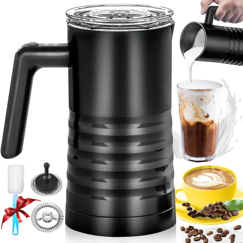 Montalatte Elettrico, 4 in 1 Montalatte Automatico Cappuccino, 580ML Montalatte in Acciaio per Schiuma di Latte Calda e Fredda, Cioccolata Calda, Cappuccino, Facile da Pulire (Nero)