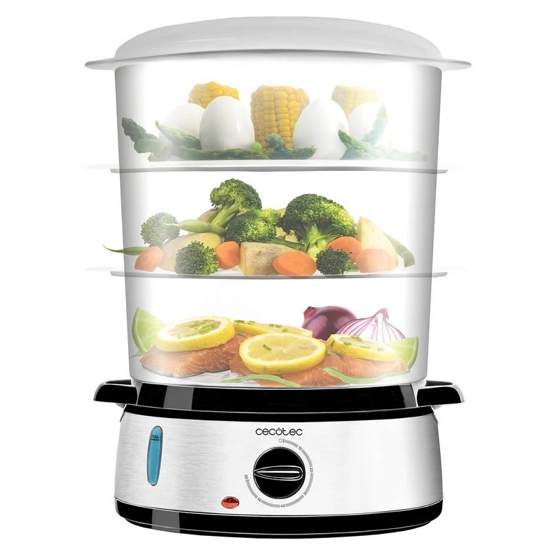 Cecotec Vapovita 3000 Steamer elettrico in acciaio inox con 800 W, 3 contenitori indipendenti, ciotola per riso, portauova, timer 60 minuti, 2 prese d'acqua laterali, grigio