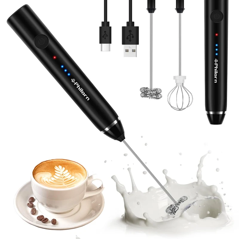 Philorn Montalatte Elettrico Frullino Montalatte Portatile a Doppia Frusta, Milk Frother Ricaricabile Usb a 3 Velocità, Montalatte Manuale Per Latte/Cappuccino/Caffè/Montalatte