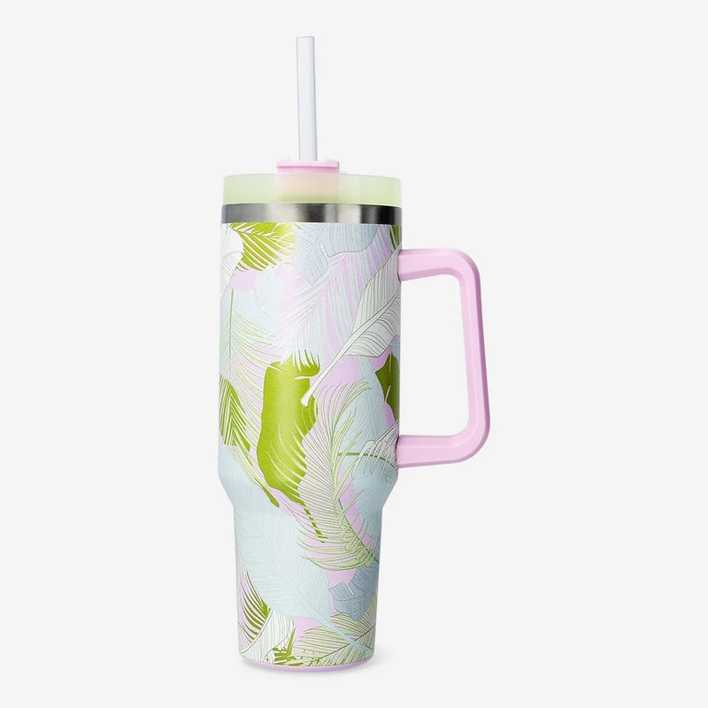 Palm leaves printed tumbler with lid and straw - 1200 ml