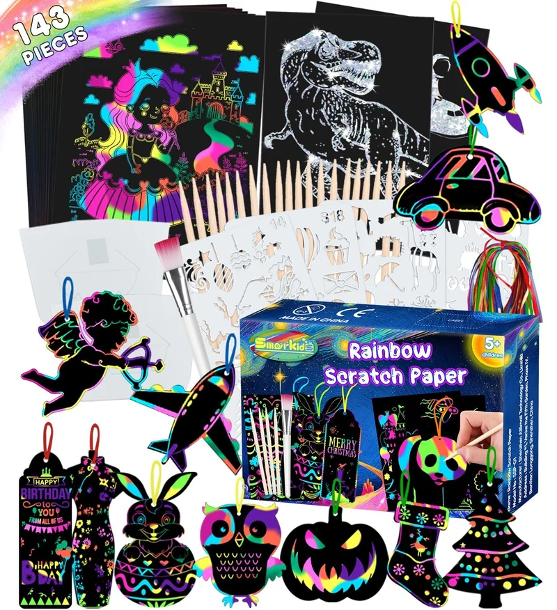 Smarkids Fogli da Disegno, 143 Arcobaleno Scratch Painting Paper Set Grattare Artistico per Bambini, 60 Fogli Nera Carta 20 Stilo 4 Stencil 1 Pennello Morbido