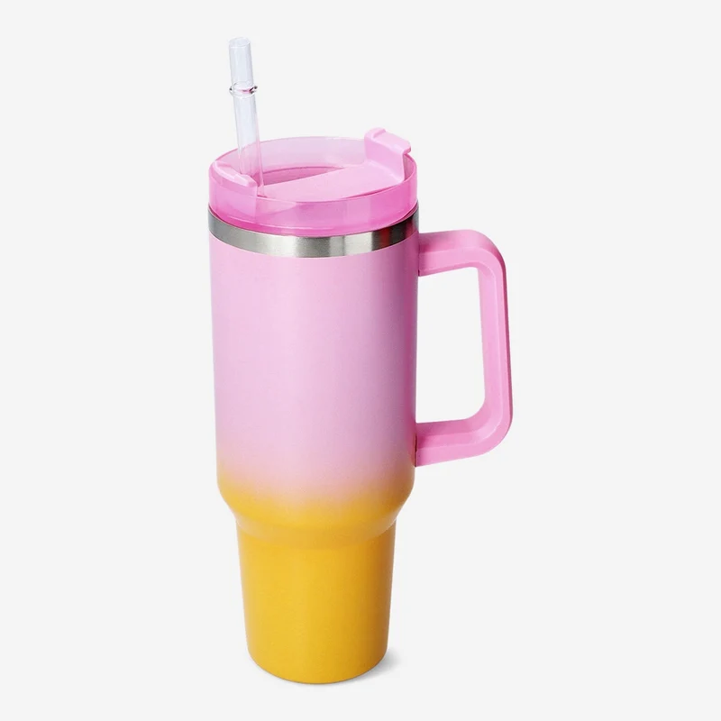 Multi coloured tumbler with lid and straw