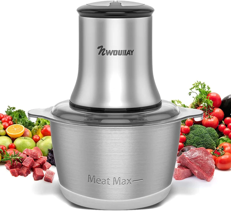 NWOUIIAY Tritacarne Elettrico In Acciaio Inox 600W 2L Rimovibile 2 Livelli di Velocità Protezione dal Surriscaldamento con 4 Lame Ciotola e Pad in Plastica per Carne Verdura e Frutta