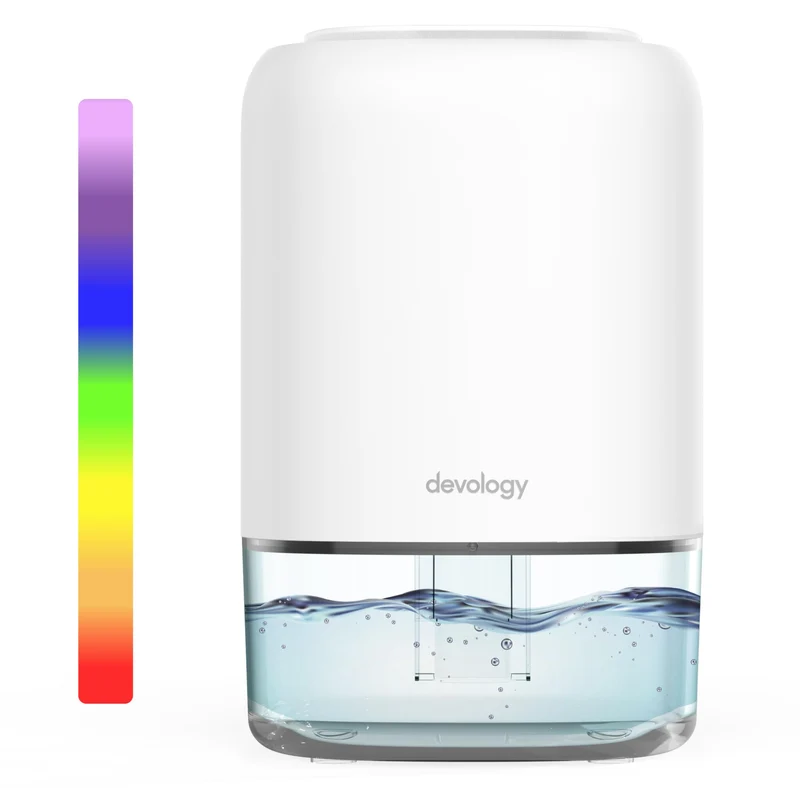 Devology Mini Deumidificatore Portatile Compatto da 1100 ml - Efficienza Elettrica - Elimina Muffa, Umidità e Condensa per Casa - Super Silenzioso <30dB 7 Colori di Illuminazione d'Ambiente a LED