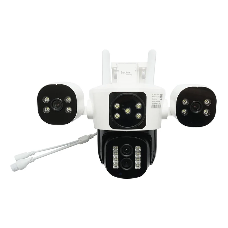 Telecamera di sorveglianza con 4 lenti, 3 obiettivi da 16 MP, WIFI 2.4GHz, rotazione a 360 gradi PTZ con sensore di movimento, zoom 10X, allarme, visione notturna IR, rilevamento umano e applicazione IPC360 Home