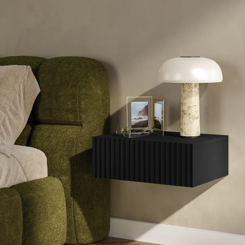 Comodino Sospeso da Parete Nand con Cassetto 42x30x15 cm Nero [en.casa]