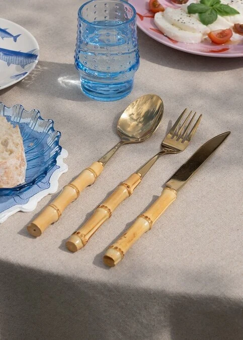 Gold cutlery set with bamboo handles - 3 pcs