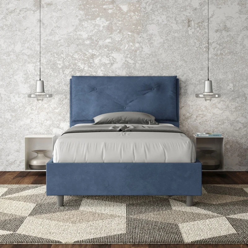 Letto imbottito Piazza e mezzo 130x190 cm Large - Con rete,Microfibra,Blu