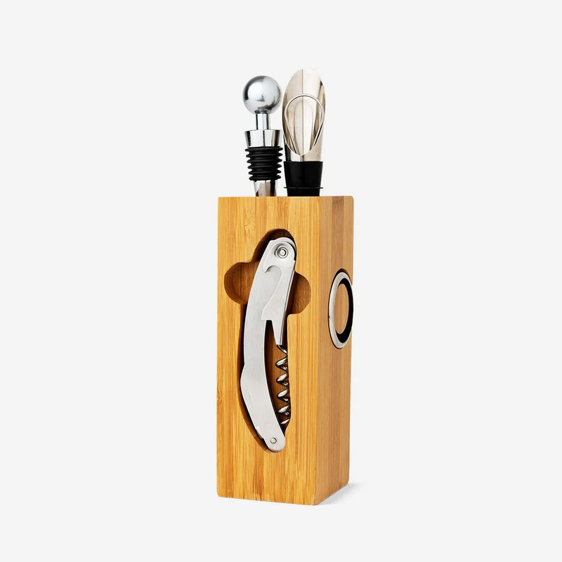 Wine set in wooden holder