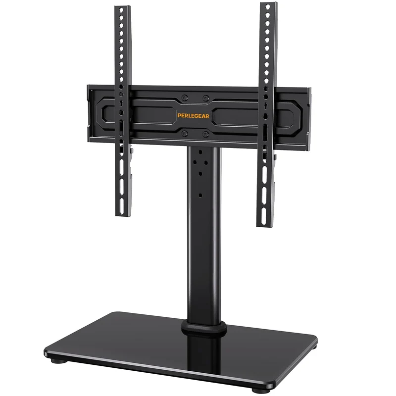 PERLEGEAR Supporto TV da Tavolo Girevole per TV da 24-60 Pollici Fino a 40 kg, Universale Supporto TV da Tavolo Regolabile in Altezza, Piedistallo TV con Base in Vetro Temperato Max VESA 400x400mm