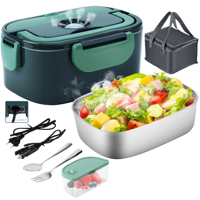 GENTRE Lunch Box elettrico 12V/24V/220V/110V per auto, camion, ufficio e casa, Scaldavivande in acciaio inossidabile da 1,5L Contenitore termico per alimenti con forchetta e cucchiaio Borsa