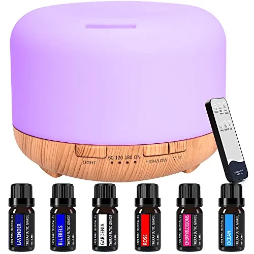Diffusore con 6 * 10 ml di Olio Essenziale Puro, e Aromi da 450 ml , Umidificatore Diffusore per Aromaterapia con Modalità Nebbia Regolabile e LED a 7 Colori