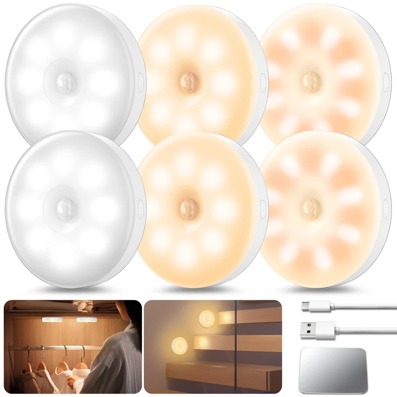 daphomeu 6 Pezzi 8 LED Luce Notturna LED Ricaricabile USB, Luce a induzione Interna, Luce Notturna Sensore Movimento, per Armadietto, Scale, Cucina, Corridoi, Camera